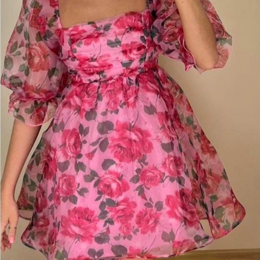Thirty thirty Pink Floral Puff-Sleeve Mini teacup Dress